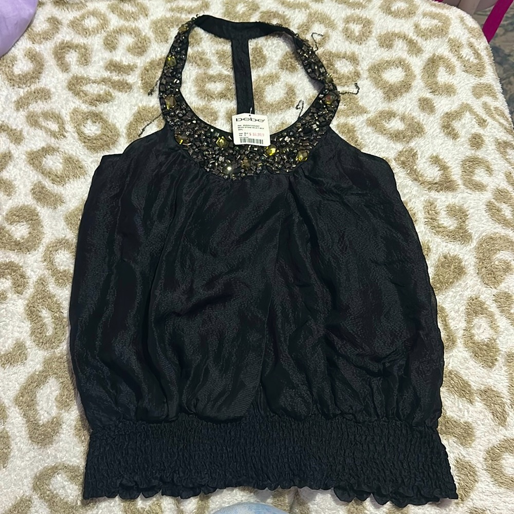 BEBE beaded stone neck line vintage top